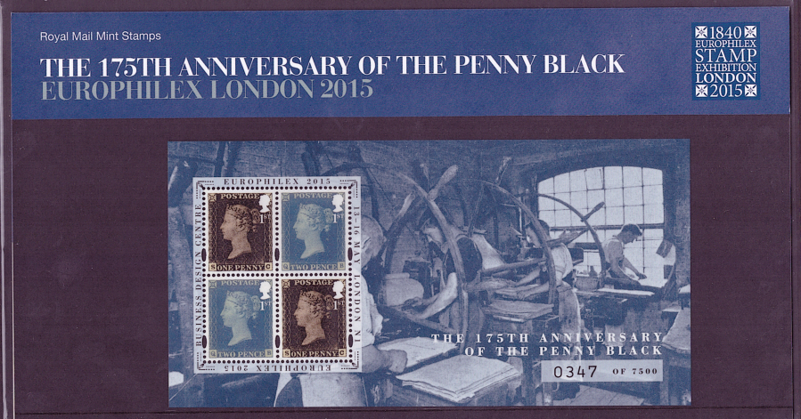 (image for) 2015 Europhilex London Penny Black 175th Anniversary Numbered Miniature Sheet Presentation Pack - Click Image to Close